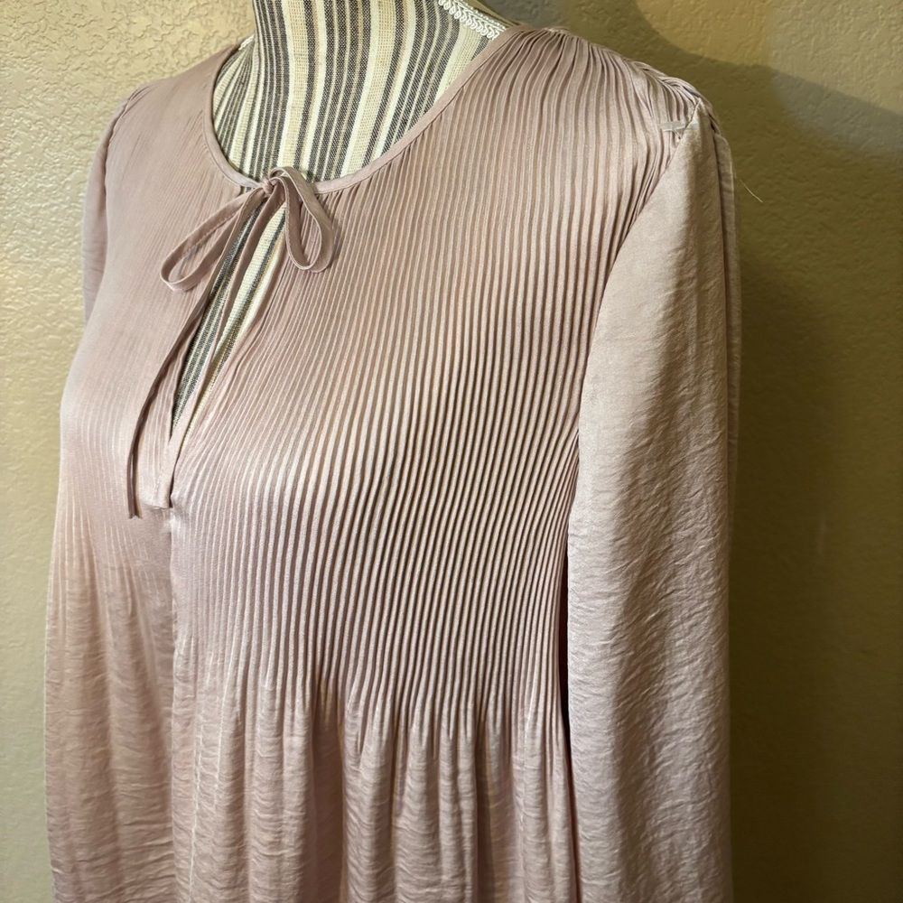 Lucky Brand Blouse Small Blush Pink Pleated Peasant Top Flowy Long Sleeves Ties - Picture 9 of 15